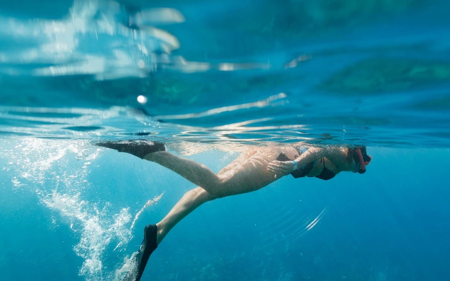 A snorkeller in a mask seen from below, just under the surface